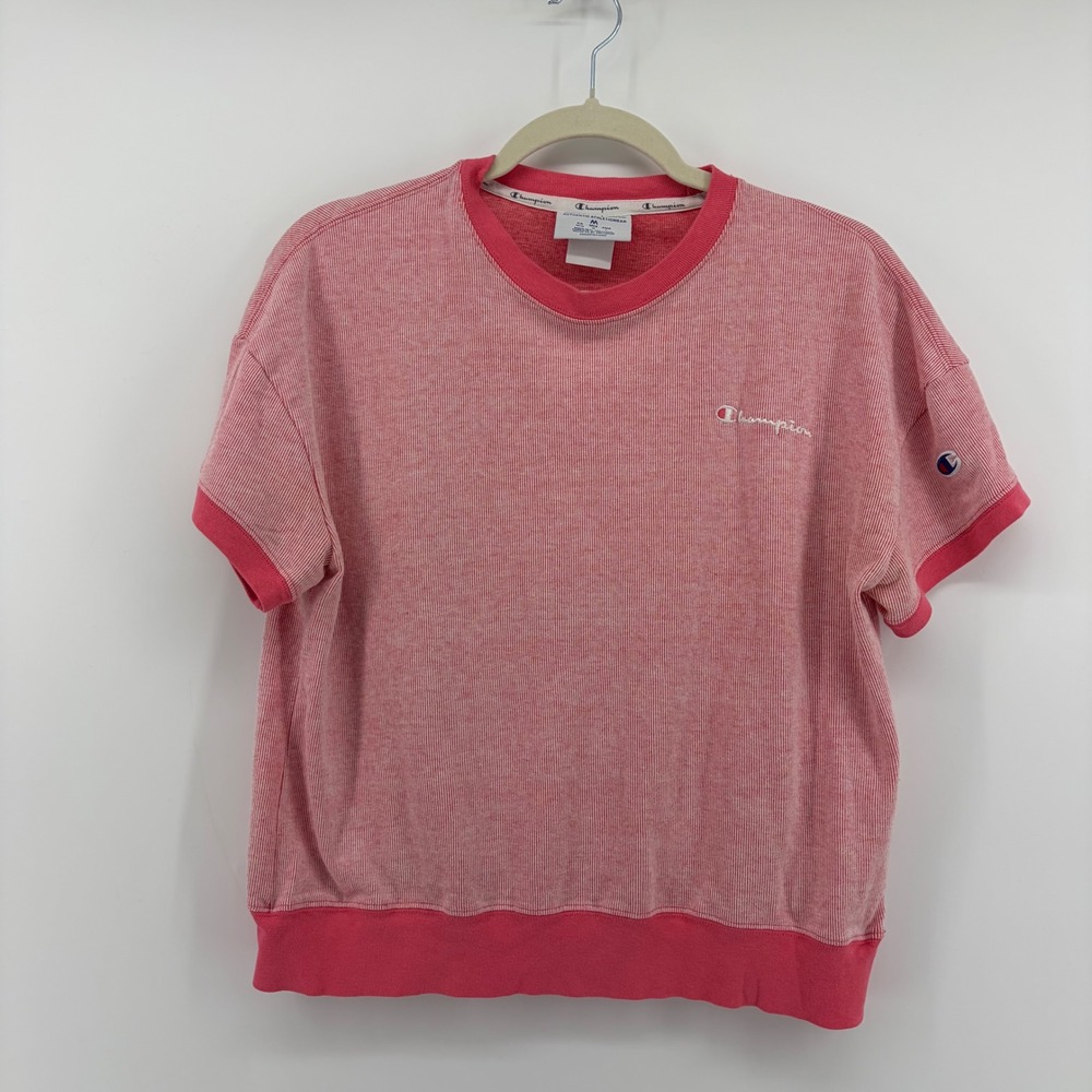 Champion Womens M Pink Short Sleeve T Shirt Ribbed Crew Neck Logo Top
